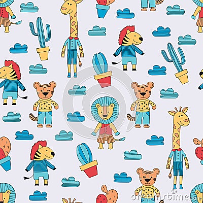 Animals and clouds seamless pattern Vector Illustration