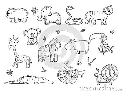 Jungle animals. African safari wildlife monkey hippopotamus tiger lines vector drawing pictures Vector Illustration