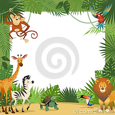 Jungle animals card. Frame animal tropical leaves greeting baby banner zoo border template party children Vector Illustration