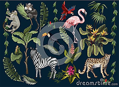 Jungle animals, flowers and trees isolated. Vector. Vector Illustration