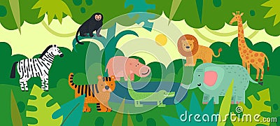 Jungle with animals. Zebra, monkey and hippo, tiger and crocodile, elephant and lion, giraffe with tropical plants Vector Illustration