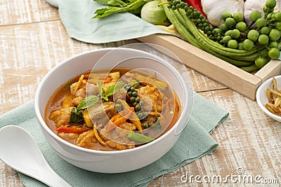 Jungle Curry with clown featherback fishball and vegetable with fingerroot Stock Photo