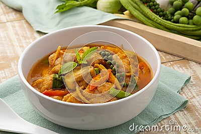 Jungle Curry with clown featherback fishball and vegetable with fingerroot Stock Photo