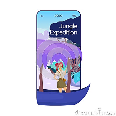 Jungle expedition cartoon smartphone vector app screen Vector Illustration