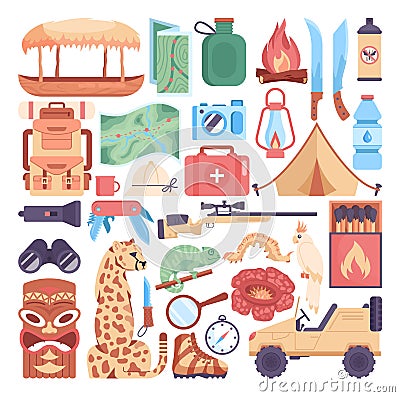 Jungle expedition set. Touristic and hiking items. Jungle animals Vector Illustration