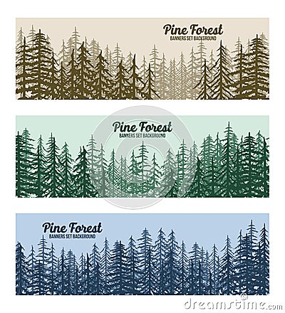JUNGLE FLAT DESIGN PINE FOREST BANNERS SET WITH SUNRISE SUNSET PINE TREES BACKGROUND Vector Illustration