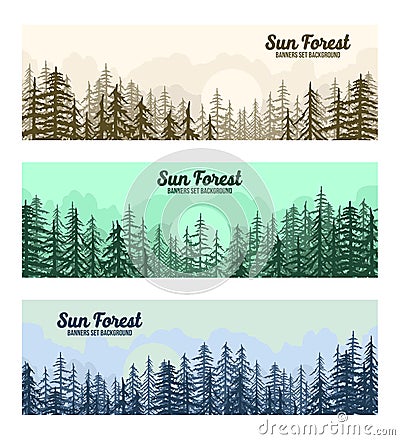 JUNGLE FLAT DESIGN PINE FOREST BANNERS SET WITH SUNRISE SUNSET PINE TREES BACKGROUND Vector Illustration