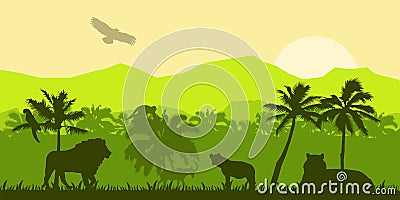 Jungle forest vector silhouette, green tropical nature background, amazon rainforest panoramic landscape. Wild fauna Vector Illustration