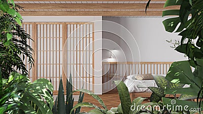 Jungle frame, biophilic idea. Tropical leaves over minimal white bedroom with double bed and paper sliding door. Urban jungle Stock Photo