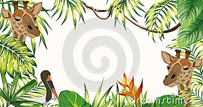Jungle frame giraffe stork leaves white background Vector Illustration