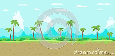 Jungle game background. Parallax ready layers. Seamless pattern tileable. Landscape with a palm trees tropics and Vector Illustration