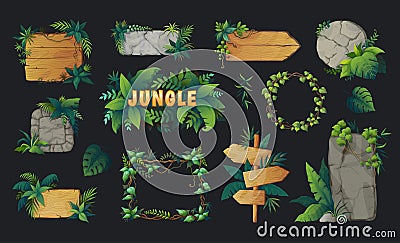 Jungle game. Stone or wooden blank boards. Exotic forest elements. Wood frame with palm leaves and lianas. Rainforest Vector Illustration