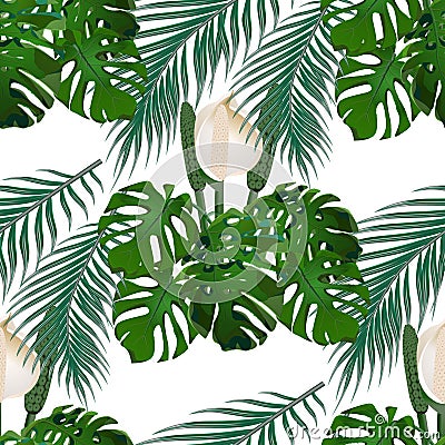 Jungle. Green tropical leaf, monster flowers and palm leaves. Seamless floral pattern. on white background Vector Illustration