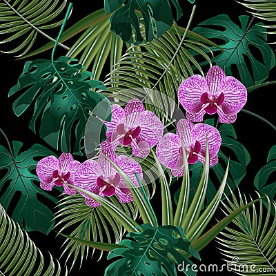 Jungle. Green tropical leaf, orchid flowers and palm leaves. Seamless floral pattern. on black background Vector Illustration