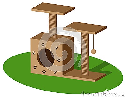 Jungle gym for cats with cat house and scratching post. Isolated pet supply. Realistic illustration of cat furniture on white back Cartoon Illustration