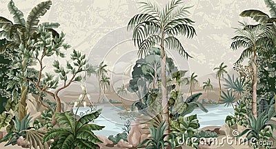 Jungle landscape with river and palms. Interior print mural. Vector Illustration