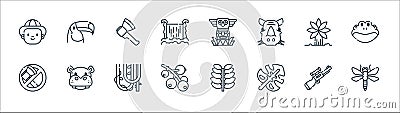 Jungle line icons. linear set. quality vector line set such as dragonfly, leaf, berries, no cutting, palm, axe, totem, toucan Vector Illustration