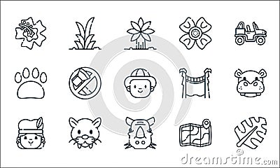 jungle line icons. linear set. quality vector line set such as leaf, rhinoceros, aborigin, map, panther, pawprint, bridge, flower Vector Illustration