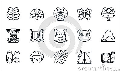 jungle line icons. linear set. quality vector line set such as map, leaf, binoculars, camping tent, man, totem, hippopotamus, Vector Illustration
