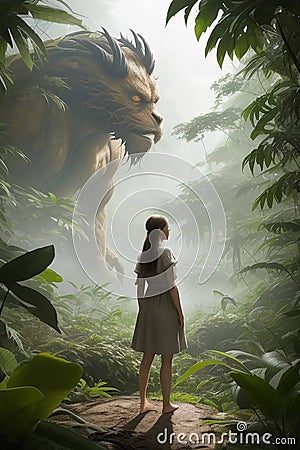 Jungle Majesty: The Girl and the Leaf-Maned Lion Stock Photo