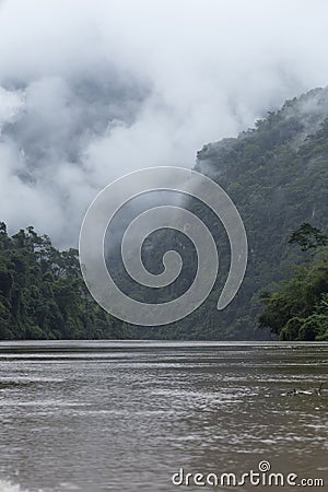 jungle, mountains and the Nam Ou river in northern Laos, vertical Stock Photo