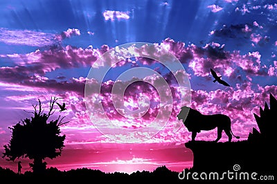 Jungle with mountains, old tree, birds lion and meerkat on purple cloudy sunset Stock Photo