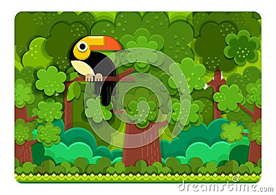 Paper art style of cute cartoon great hornbill in the jungle beach, Vector illustration Vector Illustration