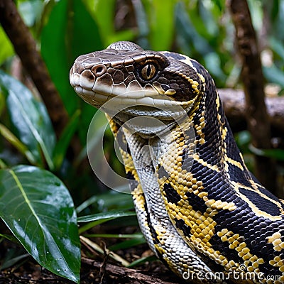 Jungle Predator at Work: Python Constrictor Wrapping Its Prey with Precision Stock Photo