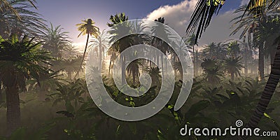 Jungle, rainforest during the plank, palm trees in the morning in the fog, jungle in the haze, 3D rendering Stock Photo