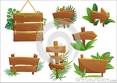 Jungle rainforest wood sign with tropical leaves with space for text. Cartoon game vector illustration. Vector Illustration