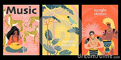 Jungle Sounds. Set of vector banners with a girl playing meditation music and men with drums on a background of tropical plants Vector Illustration