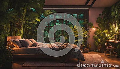 A jungle-themed bedroom with neon lights illuminating lush foliage on the Stock Photo