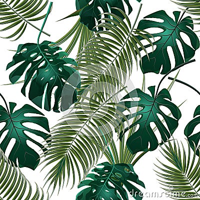 Jungle thickets of tropical palm leaves and monstera. Seamless floral pattern. Isolated on a white background Vector Illustration