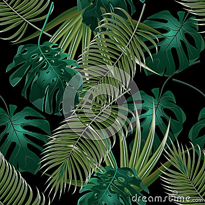 Jungle thickets of tropical palm leaves. Seamless floral pattern. Isolated on a black background. illustration Vector Illustration