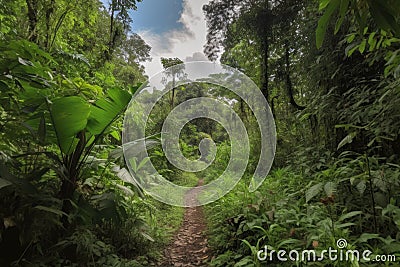 jungle trail winding its way through dense foliage, with glimpses of the sky above Stock Photo