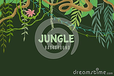 Jungle tropical background. Wildlife adventure in rainforest. Lina and leaves vegetation frame. Exotic landscape vector Vector Illustration