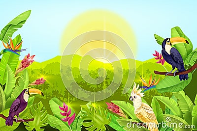 Jungle vector forest landscape, exotic tropical background, palm tree silhouette, toucan, parrot, sun. Vector Illustration