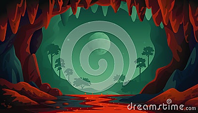 Jungle vector landscape. Cave landscape with an underground red river and forest. Vector illustration in flat cartoon Vector Illustration