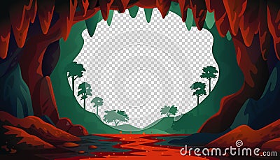 Jungle vector landscape. Cave landscape with an underground red river and forest. Vector illustration in flat cartoon Vector Illustration