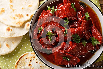 Jungli Laal Maas -A famous dish from Rajasthan - fiery hot mutton dish close-up. Horizontal top view Stock Photo