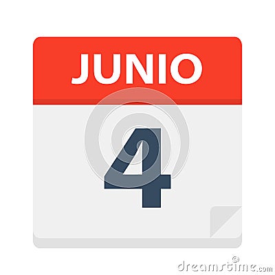 Junio 4 - Calendar Icon - June 4. Vector illustration of Spanish Calendar Leaf Stock Photo