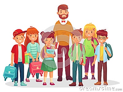 Junior high school kids and teacher. Man and happy teenagers with backpacks and books standing together Vector Illustration