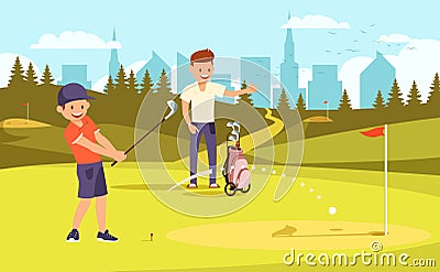 Junior Sporty Golfer Practicing on Driving Range Stock Photo