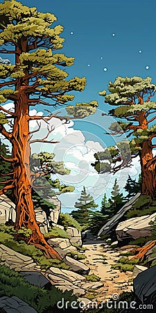 Juniper Forest In Rocky Mountains: Detailed Vector Illustration On Forest Pathway Cartoon Illustration