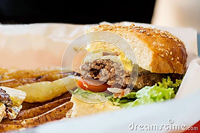 Junk food background: Half blue cheese burger with beef and vegetables on white paper with golden potato. Unhealthy meal Stock Photo