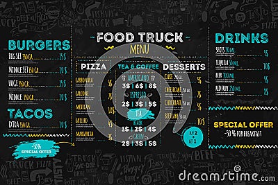 Junk Food festival menu template, street restaurant brochure cover. Modern truck flyer with hand-drawn lettering and Vector Illustration