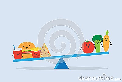 Junk food heavier than vegetable on balance scales. Vector Illustration