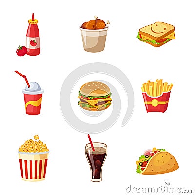 Junk Food Items Set Vector Illustration