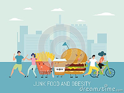 Junk food, obesity vector illustration. Obese people cartoon characters run away from unhealthy fast food, hamburger Vector Illustration