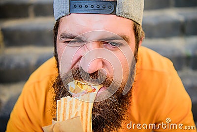 Junk food. Snack for good mood. Unleashed appetite. Street food concept. Man bearded eat tasty sausage. Urban lifestyle Stock Photo